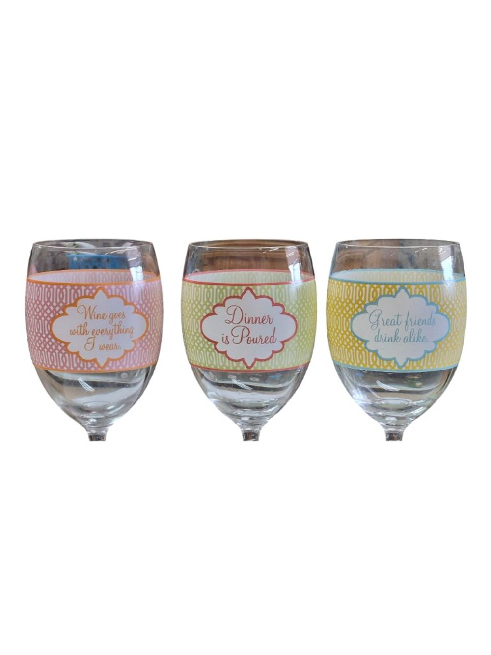 Decorative Wine Glasses LOT 3 Fun Quotes Geometric 8 Inch Pink Green Yellow - Picture 2 of 4